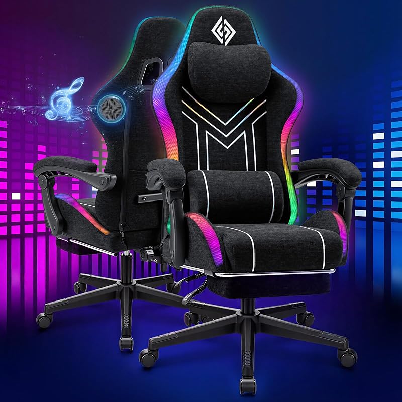 RGB Gaming Chair with Music Rhythm LED Lights and Bluetooth Speakers-Black | Fabric Ergonomic Game Chair 155° Reclining Computer Chair with Footrest Video Game Chairs for Adults Gaming & Office