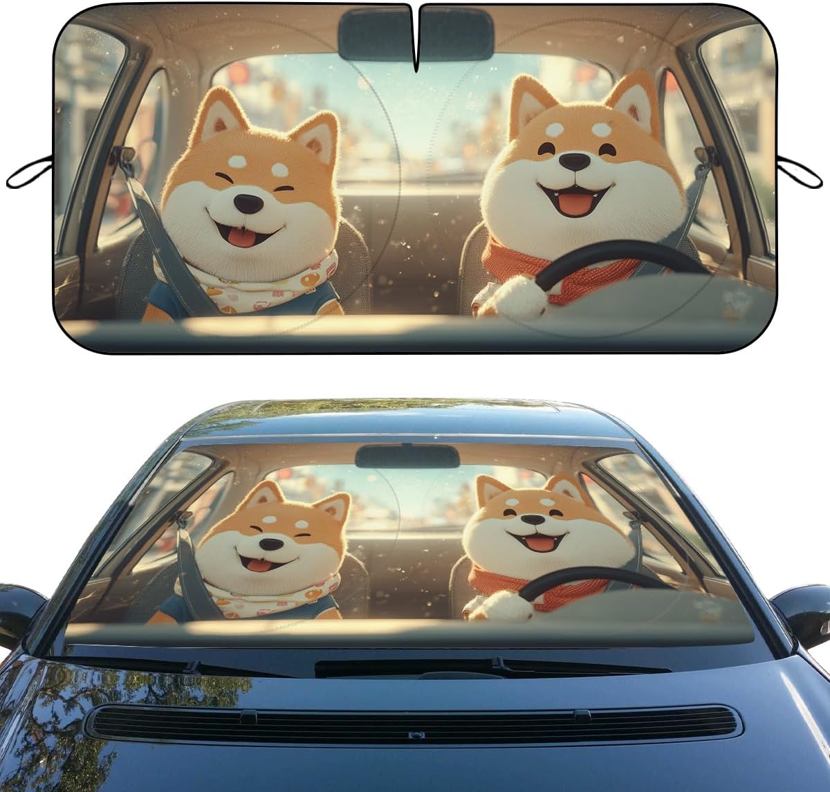 Funny Dog Car Window Sun Shield Cartoon Cute Shiba Sunny Puppy Front Window Sun Shade Blocks UV Rays Sun Visor Protector for Car Sedan Truck SUV Accessories 59" L x 31.5" W