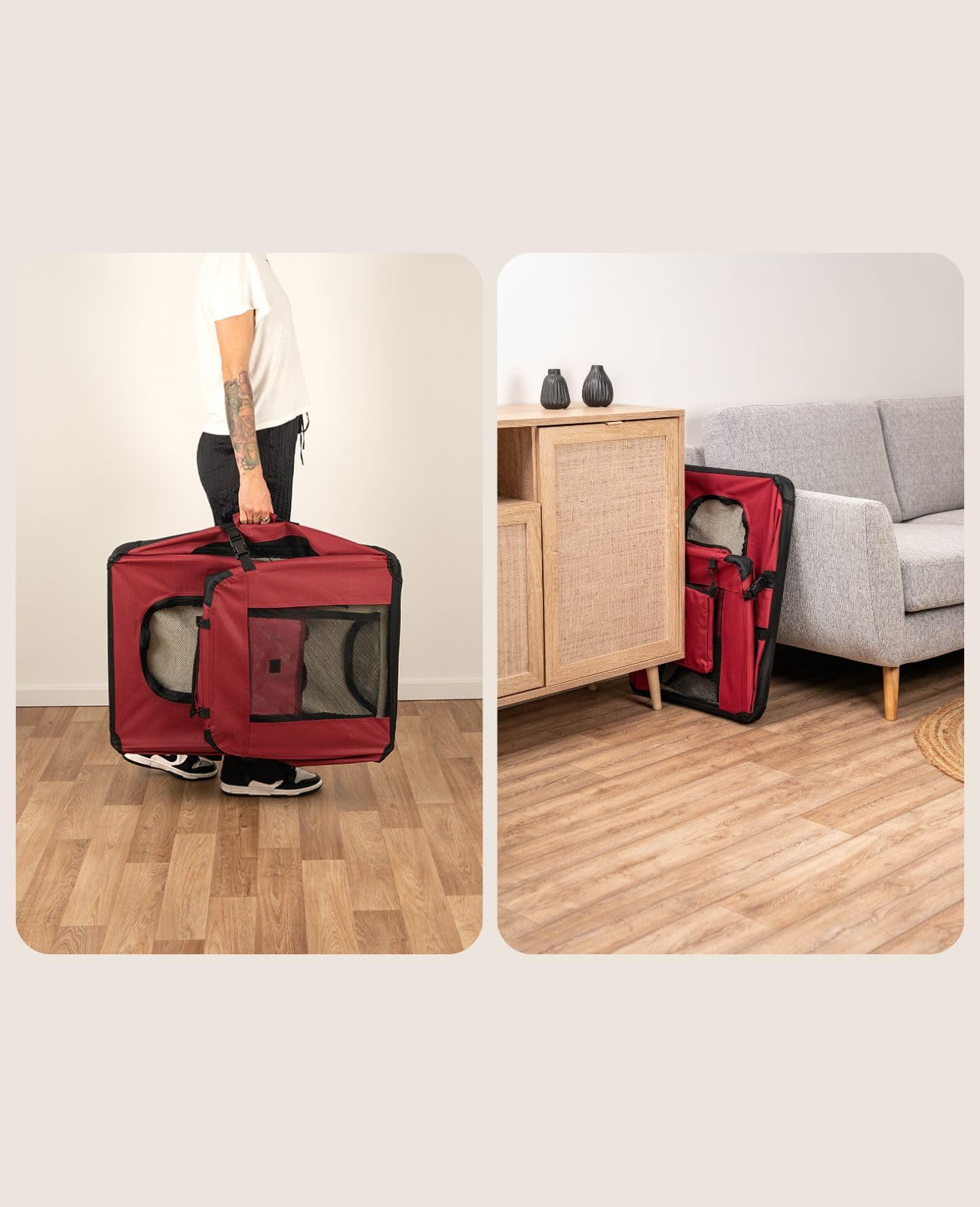 lionto Borsa trasportino per cani pieghevole per viaggi e auto, 70x52x50 cm, box di trasporto stabile con maniglie per gatti e animali fino a 15 kg, scatola in tessuto, rosso scuro