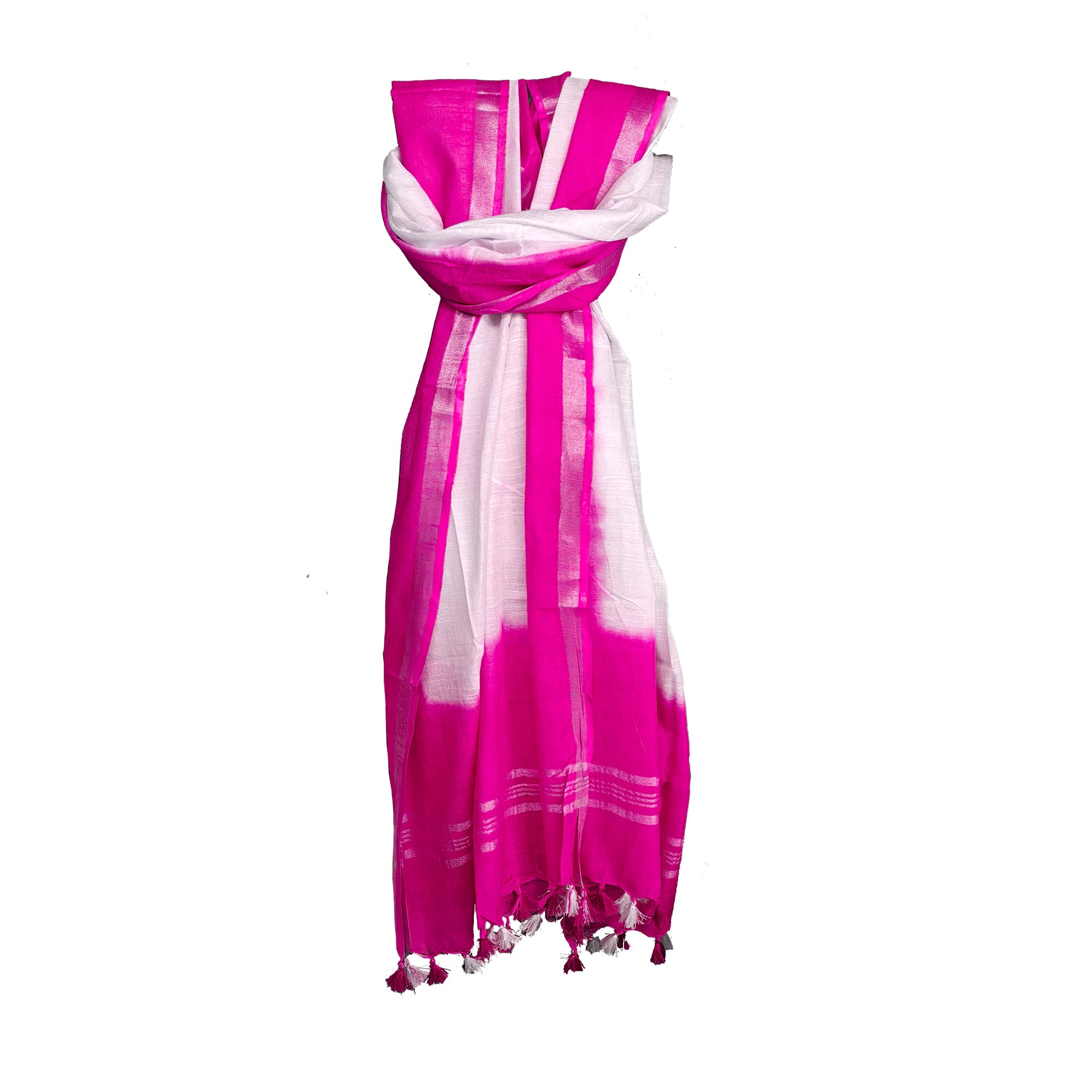 Linen Cotton Fashion Dupatta with Tassels, Pink and White Pattern, Lightweight Summer Wrap-image-35