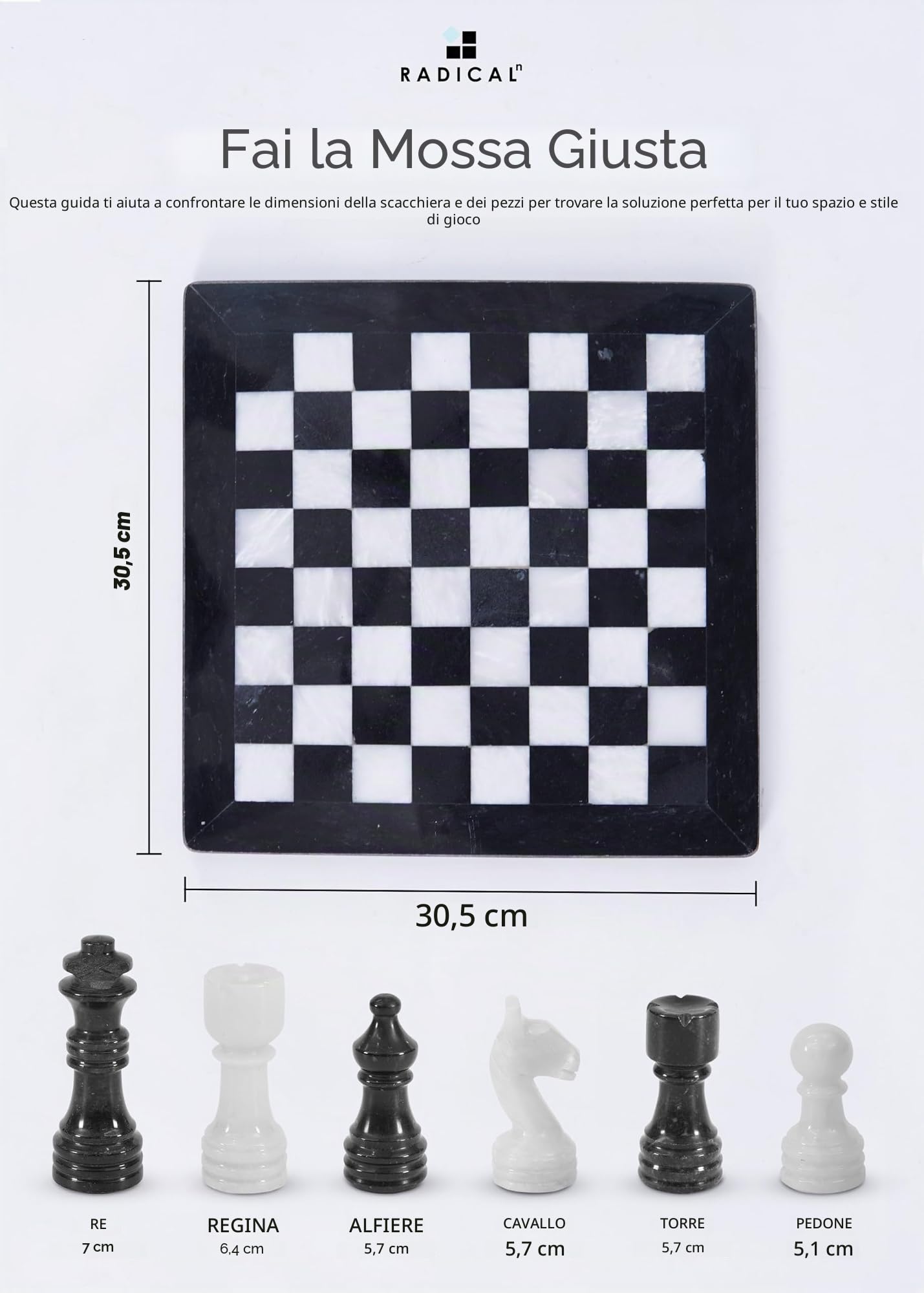 Radicaln Set di scacchi in marmo da 30,5 cm, in bianco e nero, fatti a mano, 1 tavolo e 32 figure, giochi da tavolo per 2 giocatori