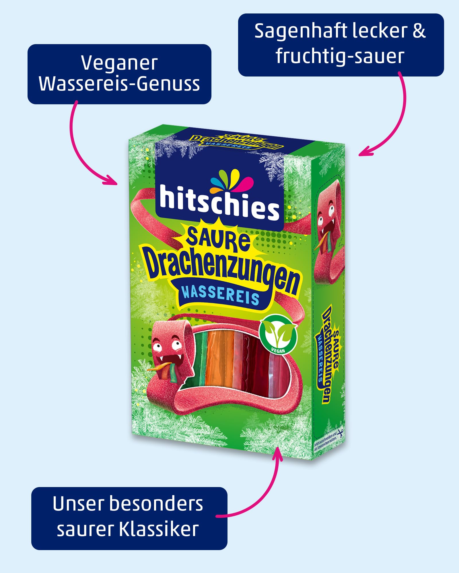 hitschies Saure Drachenzungen Wassereis - Fruchtig-saures Wassereis - Erdbeere, Apfel, Pfirsich & Kirsche - Vegan - 24 x 400ml