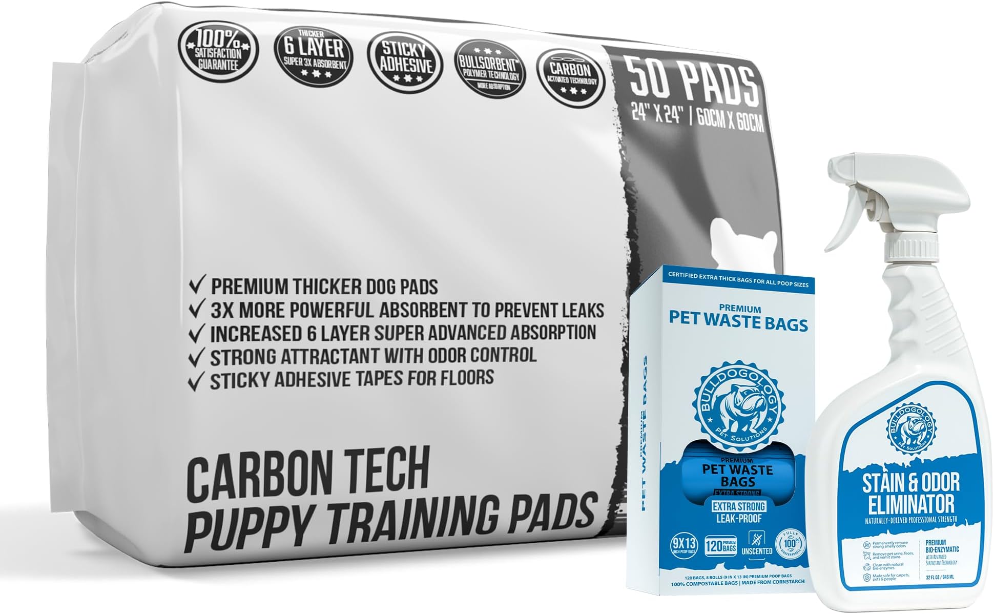 Bulldogology Carbon Puppy Pads 24x24, Stain & Odor Remover Dog Poop Bag Bundle (50-Count w/ 32 oz., 120-Bags)