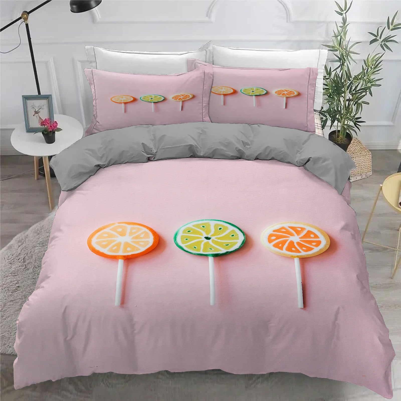 Poszwa na kołdrę 220x240 Zestaw pościeli z mikrofibry pomarańczowo-limonkowej, dla 2 osób i 2 x poszewki na poduszki 65x65 cm Komplet pościeli z zamknięciem na smoczek owocowy