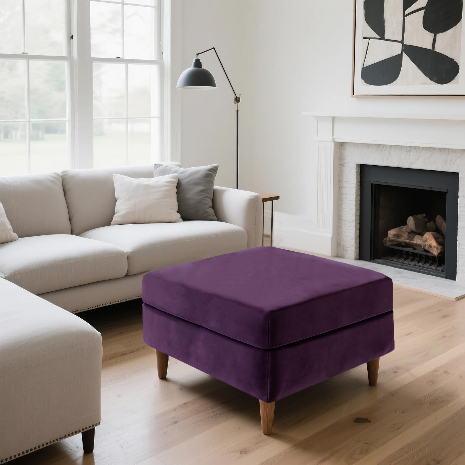 SYLC Ottoman Cover Stretch Velvet, Footstool Cover and Pouffe Cover Non-slip with Elastic Bottom/ties, Slipcover for Folding Storage Poofy Foot Stool (Purple,Square-L Ottoman+Seat)
