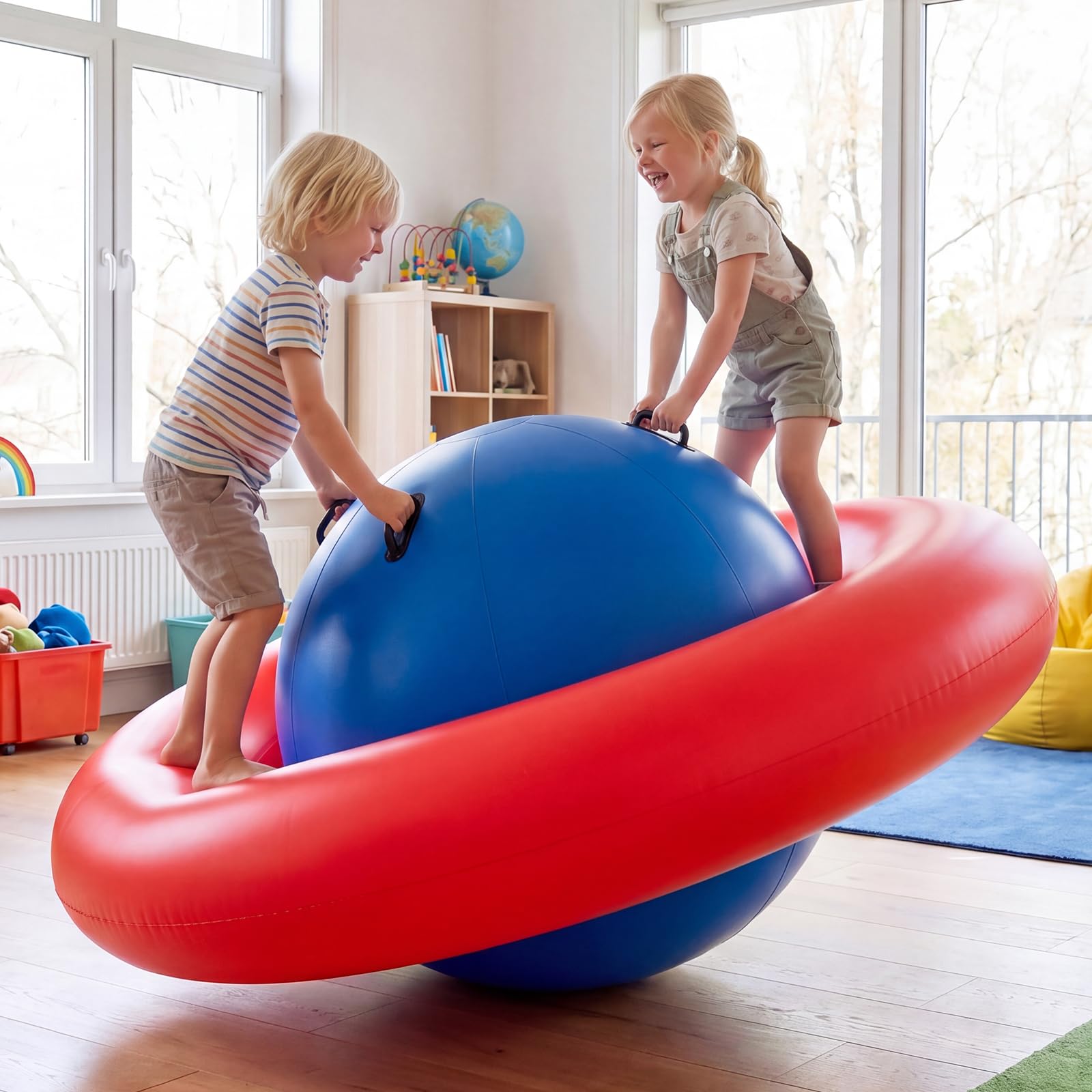COSTWAY Balancín Inflable para Niños Mayores de 5 Años, 223 x 123 cm con 6 Asas Incorporadas, Balancín Inflable con Cúpula (Rojo)