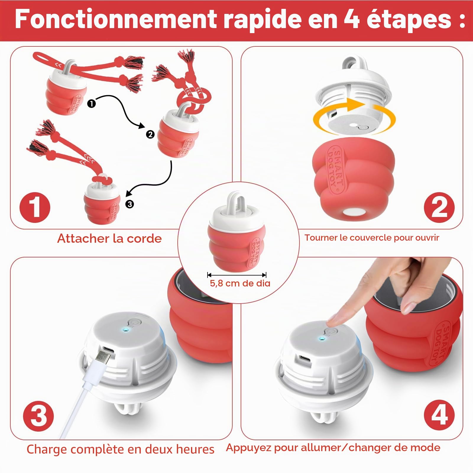 Balle Interactive Chien – Jouet Interactif Balle Chien Rechargeable USB, Balle pour Chien avec Corde à Mâcher, Balle Chien Qui Bouge Toute Seule pour Chiens de Petite, Moyens