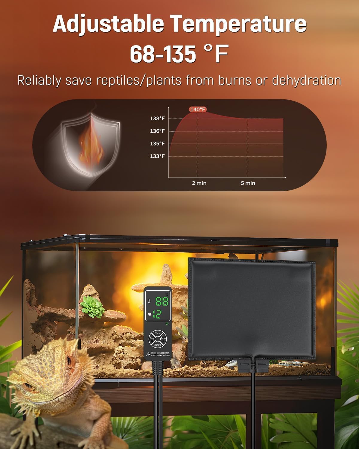 Pawfly Reptile Heat Pad with Thermostat & Timer - Reptile Heating Pad 8 x 5.9 Inch, 7 W Hermit Crabs Heating Pads, Heat Mat for Reptiles Turtles Frogs Snakes Lizards Geckos Plants Seedlings - image 2