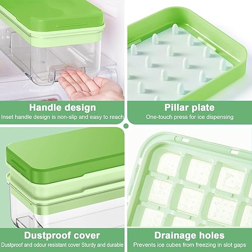 Miniatura 8 de Bandeja para cubitos de hielo con tapa y contenedor, 64 moldes para cubitos de hielo, bandejas de hielo para congelador, molde de bandeja para