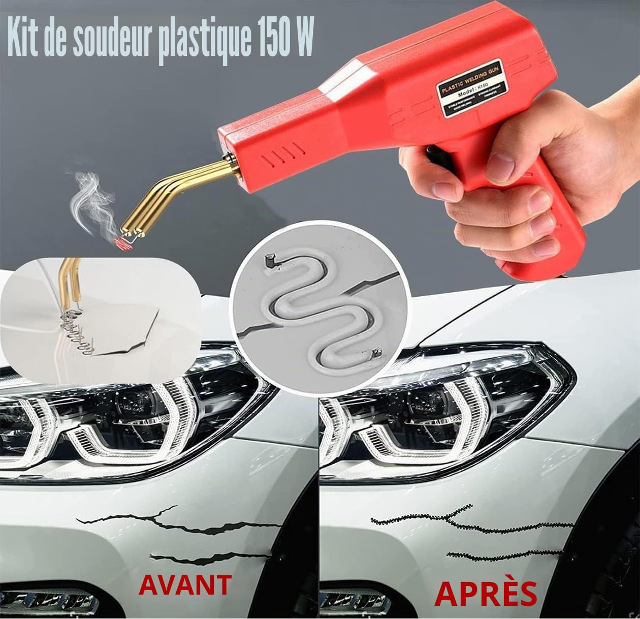 150W Kit de réparation de pare-chocs de machine de soudure en plastique, Kit de réparation de soudure en plastique pour kayak/canoa, Kit de réparation de pare-chocs en plastique plat