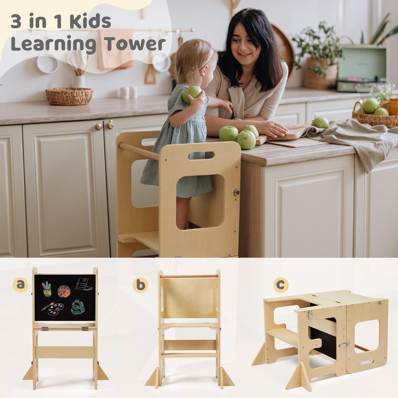 Labebe Montessori Torre per bambini, 3 in 1 pieghevole Torre didattica, Scala Sgabello per bambini con lavagna, Montessori Legno torretta per utensili da cucina a partire da 18 mesi (Legno)