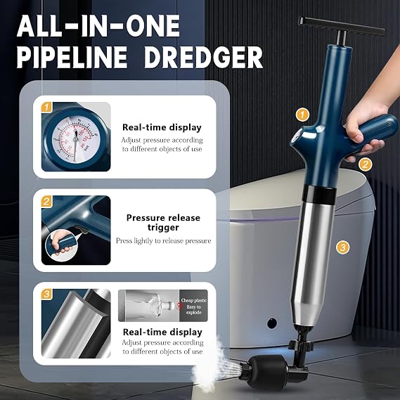 High Pressure Toilet Plunge, Power Toilet Plunger Drain Clog Remover, Multi-Drain Unclogger For Toilets, Bathroom, Sink, Floor & Kitchen Clogs, Stainless Steel Design With Real-Time Pressure Gauge