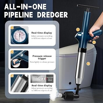 High Pressure Toilet Plunge, Power Toilet Plunger Drain Clog Remover, Multi-Drain Unclogger For Toilets, Bathroom, Sink, Floor & Kitchen Clogs, Stainless Steel Design With Real-Time Pressure Gauge