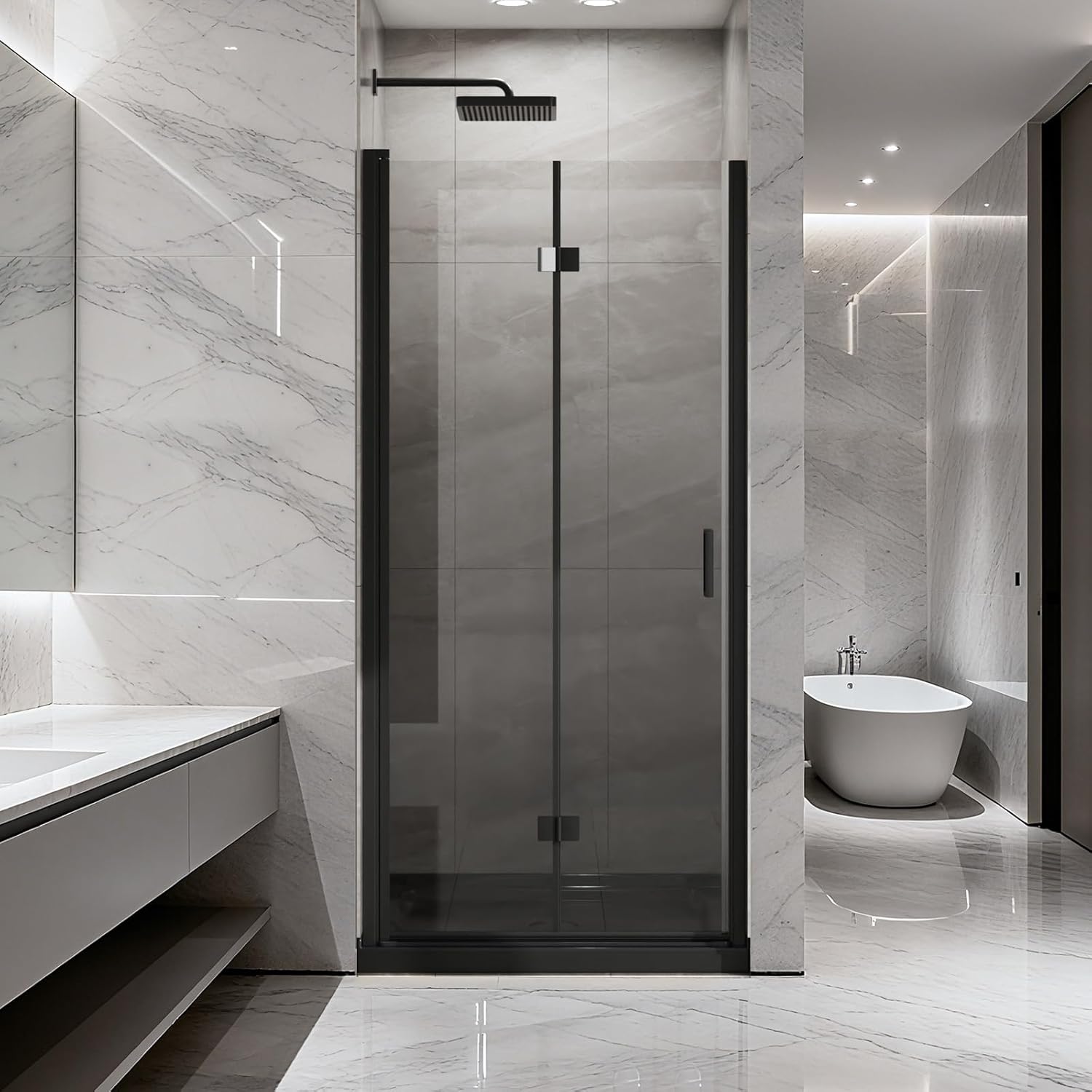 34x72 Inch Bifold Frameless Shower Door - 1/4" Tempered Glass, Foldable Swivel Design, Black Finish (Black, 34"x 72")