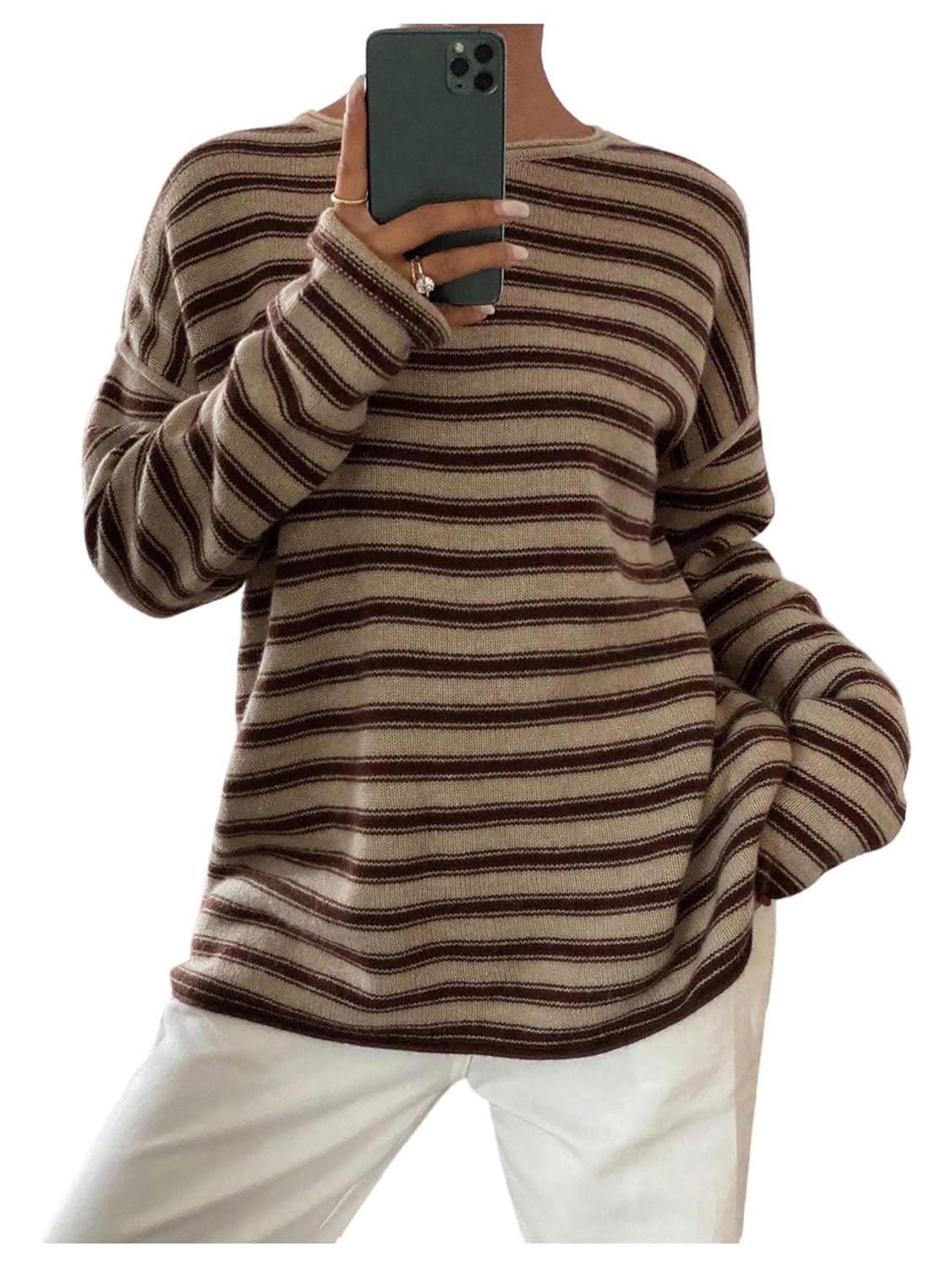 Womens Striped Knit Sweaters Boat Neck Long Sleeve Pullover Sweater Jumpers
