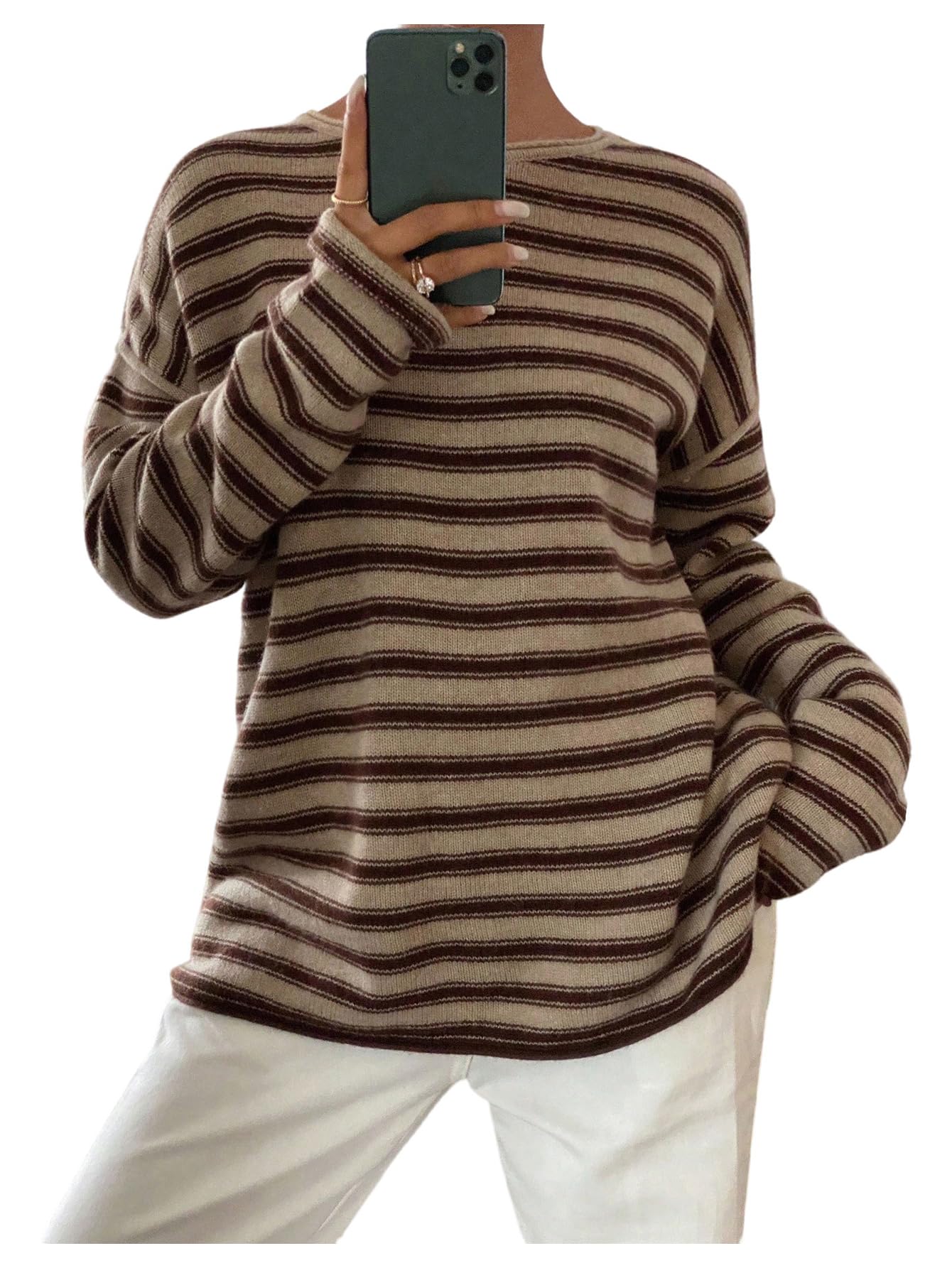 Womens Striped Knit Sweaters Boat Neck Long Sleeve Pullover Sweater Jumpers
