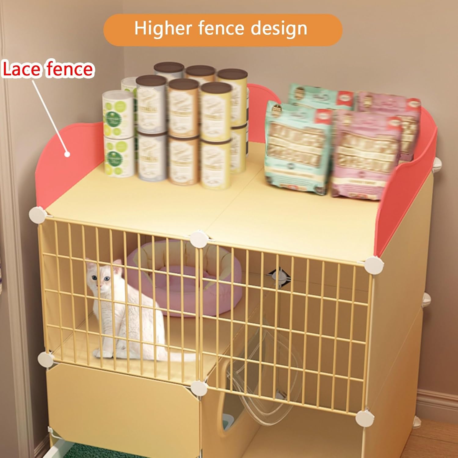 Cat Cage, Cat Playpen, Large Cat Enclosures, with Higher Fence Storage, Indoor Pet Playpen Detachable, DIY Cat House, Space-saving, Yellow, 15.3 Inches Wide(43.7x15.3x33.4in)