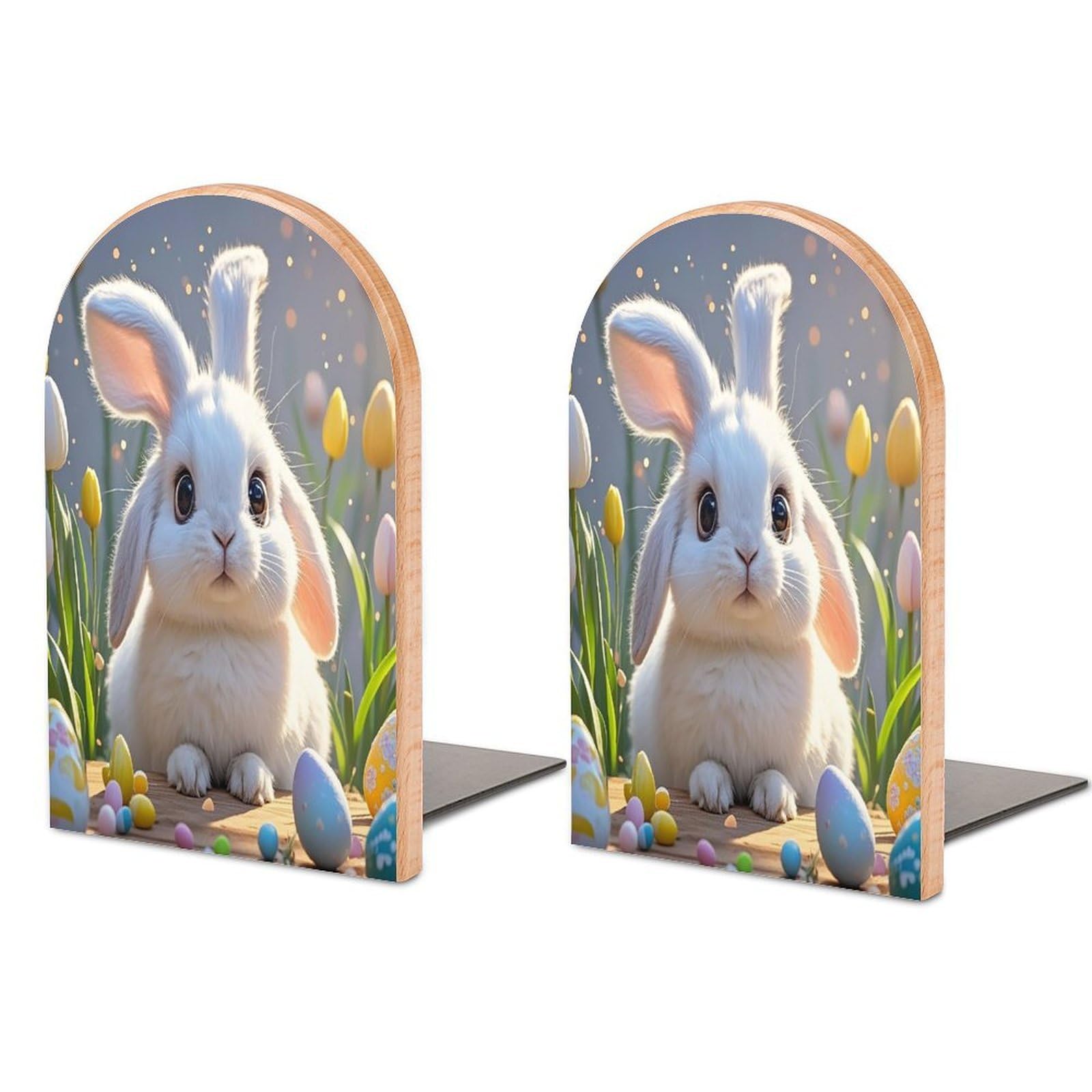 Easter Bunny Bookend for Shelves Wooden Book End Sturdy Book Holders Stoppers with Metal Base for Bookshelves Slick Decorative Bookends Stands