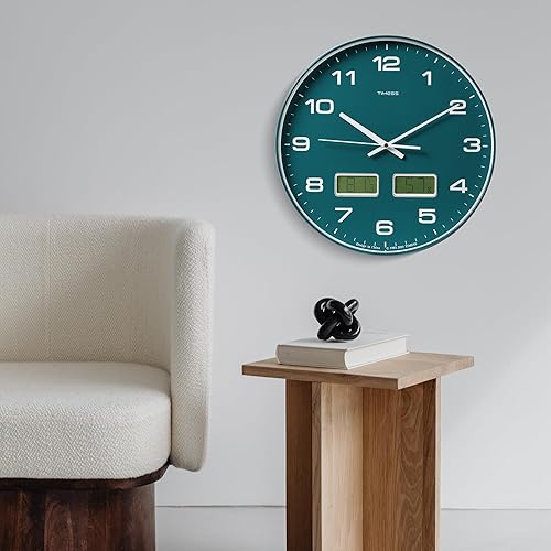 Miniatura 7 de Reloj de pared, esfera grande de 14 pulgadas, silencioso, funciona con pilas, analógico con doble pantalla LCD para temperatura y humedad