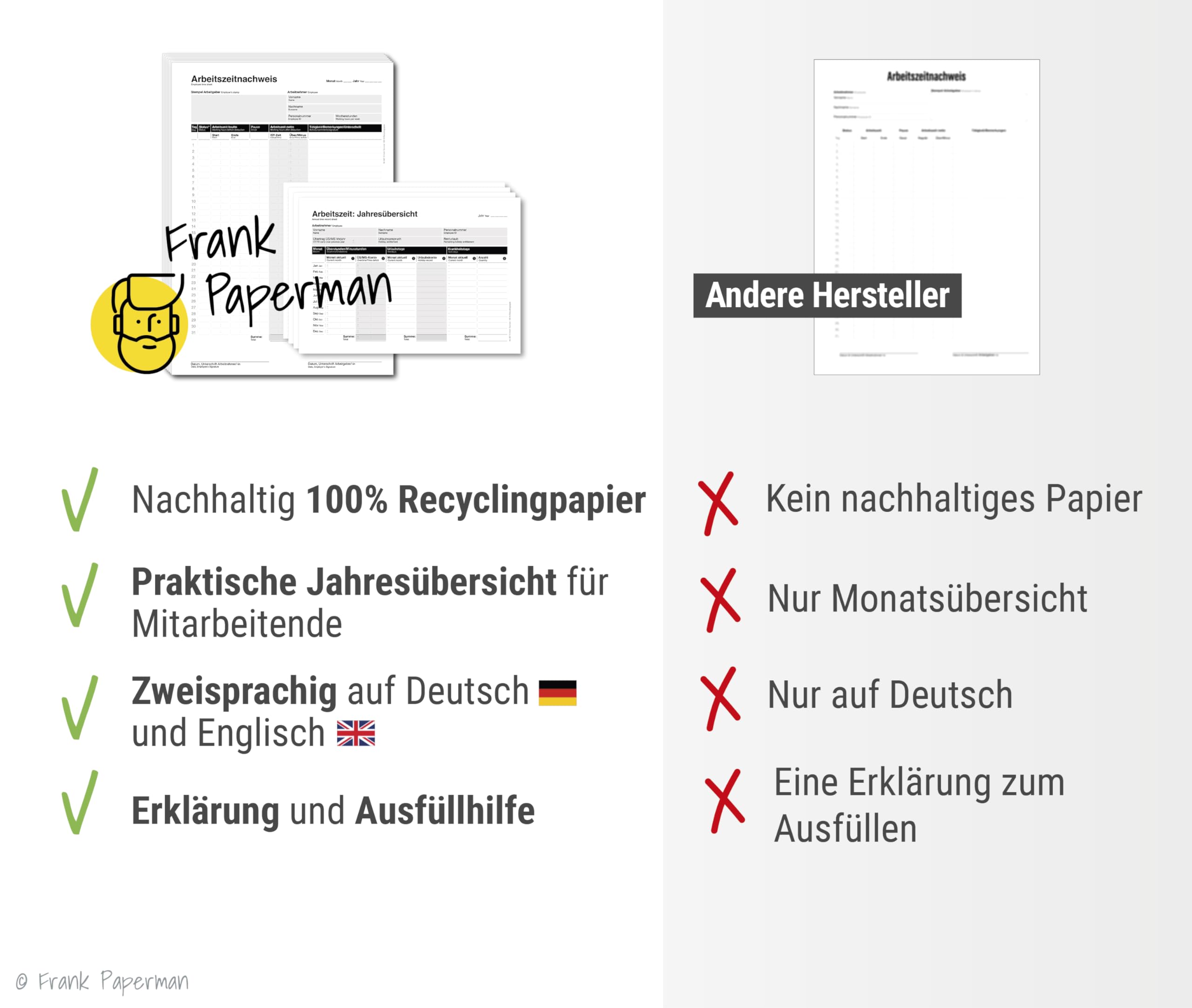 3x Set 50x Arbeitszeitnachweis Block + 4x Jahresübersichten, Arbeitszeiterfassung für Kleinbetriebe – Stundenbuch für Arbeit A4, Rechtssichere Dokumentation DE&EN vorgelocht