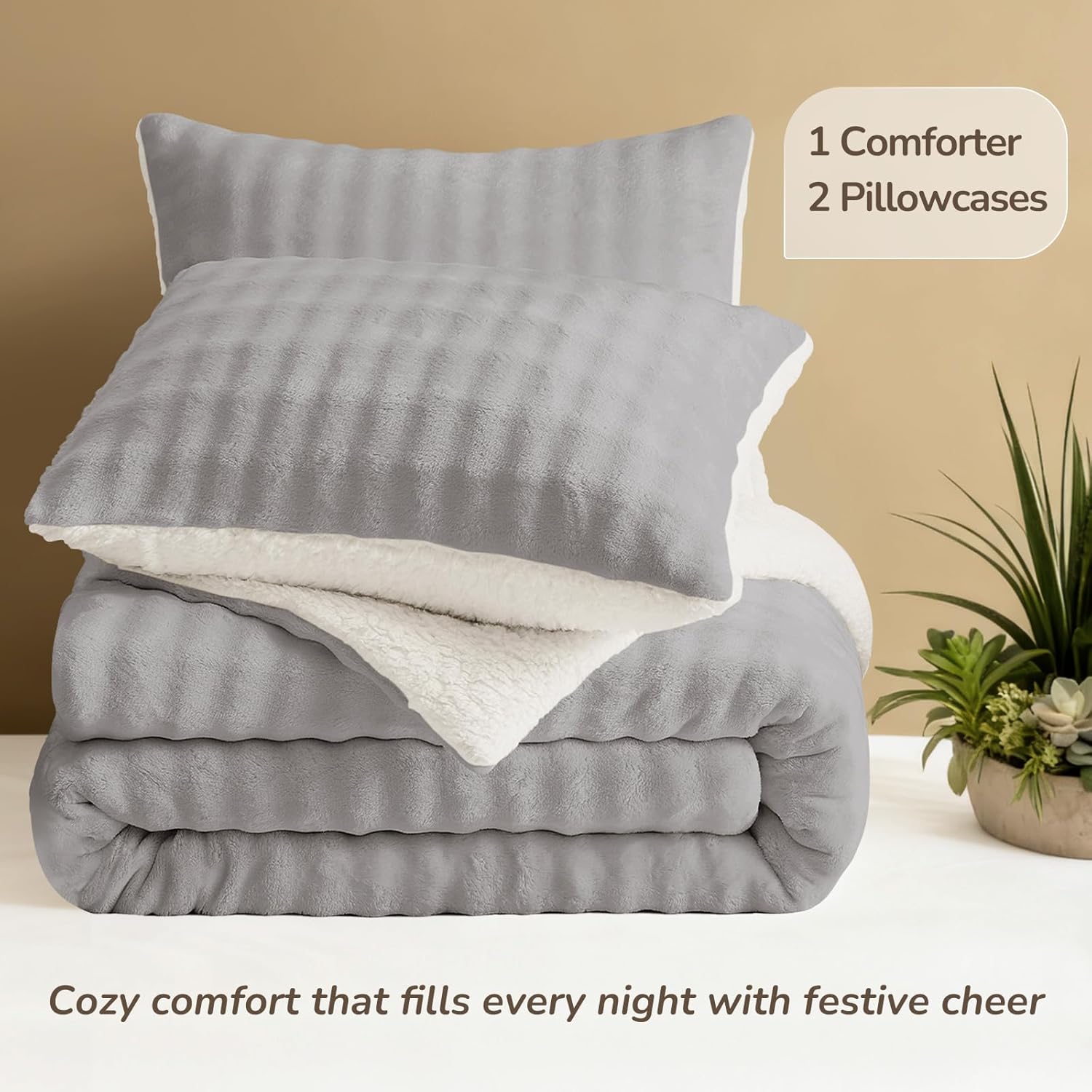 downluxe Micromink Sherpa King Comforter Set - Fluffy Bedding Gray 3D Puff Grid, Ultra Soft & Warm Plush Comforter for Winter (1 Comforter, 2 Pillowcases)