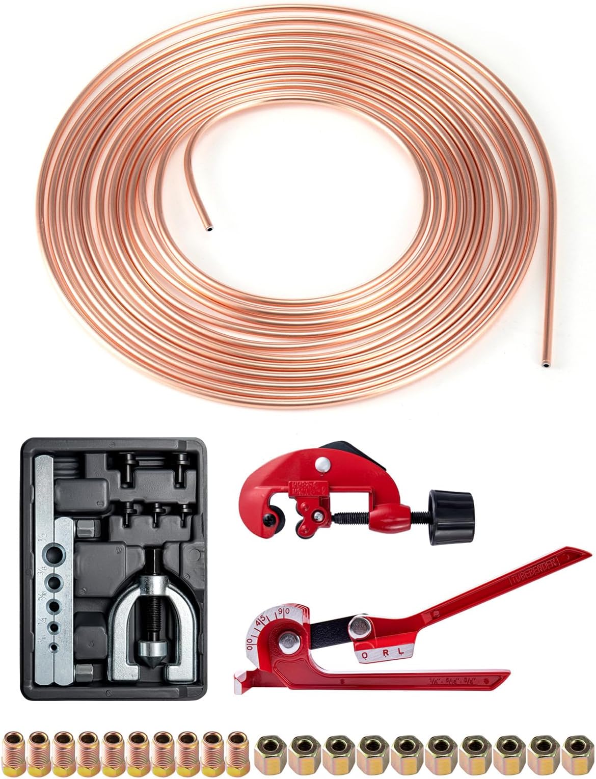 Trintion Brake Pipe Flaring Tool Kit 3/16" Brake Line Repair Kit 25FT Car Brake Line 10mm Replacement Cutter Bender Brake pipe cutting machine pipe bender flaring tool joint for Car Braking System