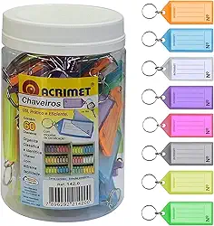 Acrimet Chaveiro Identificador de Chaves com Etiqueta – Pote com 60 Unidades, Polipropileno e Anel de Metal, Cores Sortidas