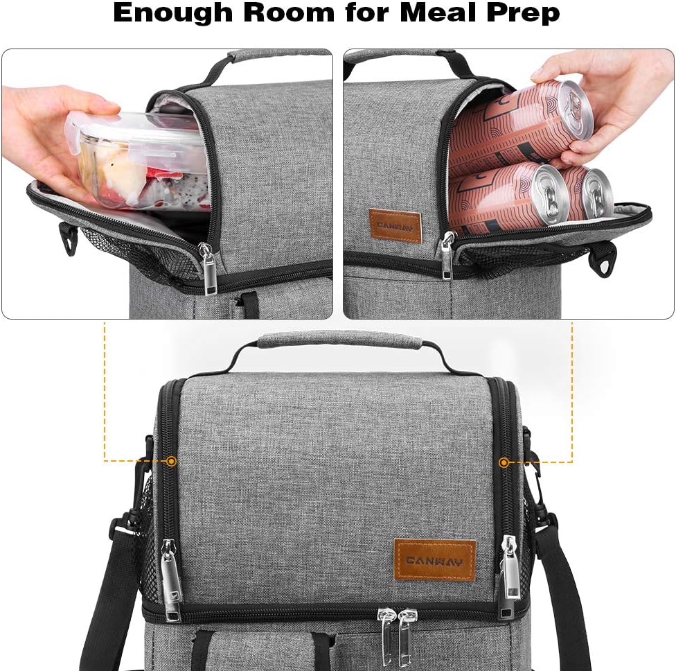 Insulated Lunch Bag, Dual Compartment Lunch Tote Box Leak-proof Bento Organizer,Double Deck Cooler for Men, Women for Office/Picnic/Travel/Camping (Gray)