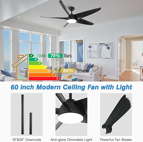 Miniatura 4 de 60" Outdoor Ceiling Fans with Lights Remote Control, Large Black Modern Waterproof Ceiling Fan for Patios Bedroom with 3CCT Dimmable LED 6-Speeds