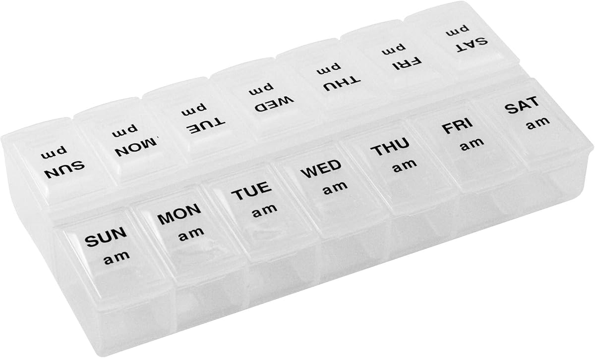 Organizador de píldoras semanal económico dos veces al día, organizador de píldoras semanal, 2 veces al día, tapas transparentes de fácil apertura, organiza medicamentos o vitaminas por la mañana, por la tarde o por la mañana y antes de acostarse, transparente