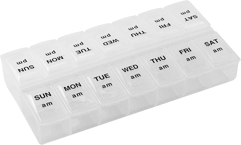 Organizador de píldoras semanal económico dos veces al día, organizador de píldoras semanal, 2 veces al día, tapas transparentes de fácil apertura, organiza medicamentos o vitaminas por la mañana, por la tarde o por la mañana y antes de acostarse, transparente