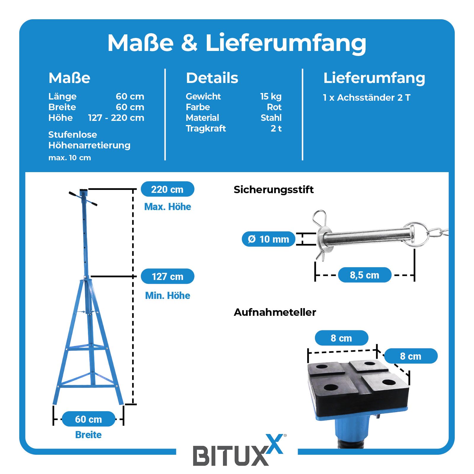 Bituxx Achsständer 2T Spindel Unterstellbock Stützbock Auto Bock Jack Stand Aufbocken Stützen KFZ höhenverstellbar Blau