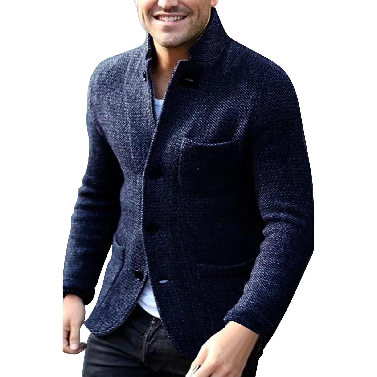 Suéter tipo cárdigan con cuello de chal para hombre, chaqueta de tweed de espiga, chaqueta de estilo británico, chaqueta de ajuste regular, chaquetas elegantes de manga larga, cárdigan suave al tacto