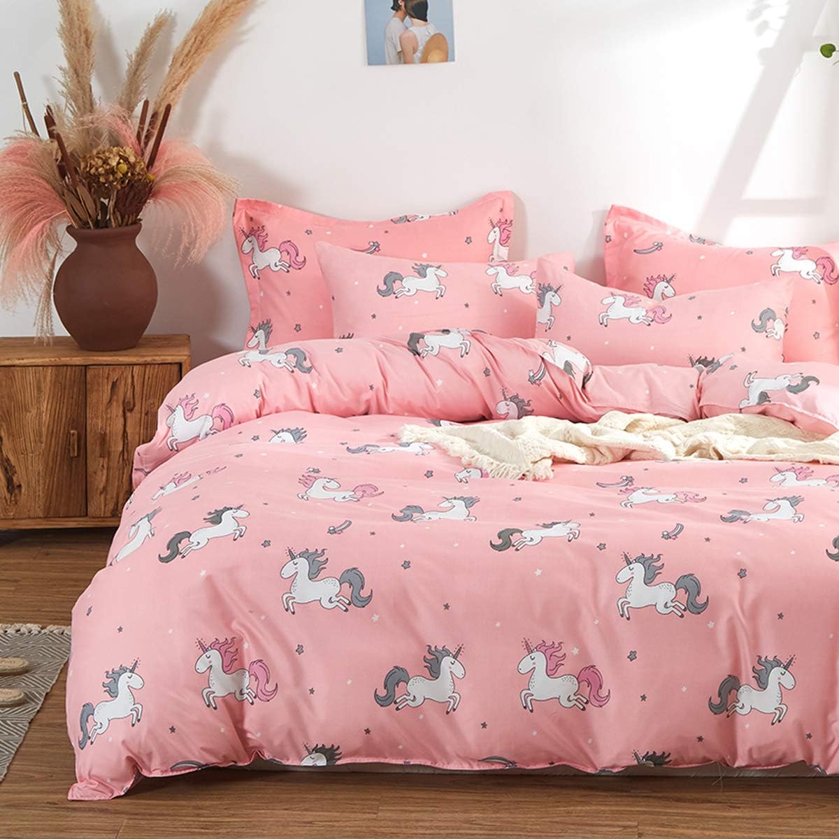 UOZZI BEDDING Girls Duvet Cover Set 3 Pieces Queen 90x90 Cute Pattern Bedding Set (1 Pink Unicorn Duvet Cover+2 Pillow Shams ) Polyester 800 TC Luxury with Zipper Closure, 4 Corner Ties