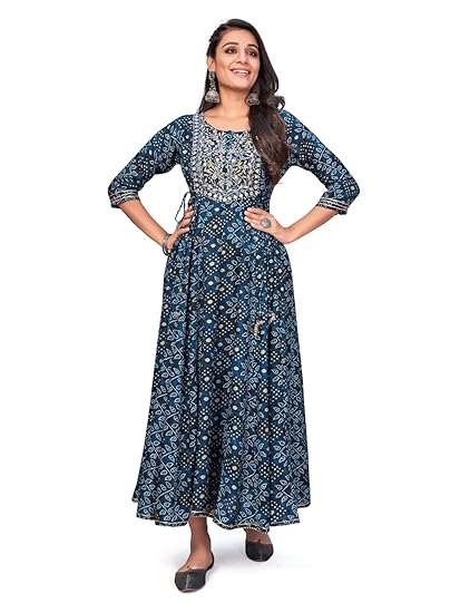 Women's Rayon Printed & Embroidered Anarkali Stitched Kurta (VF-KU-1791-44_Blue_XX-Large)