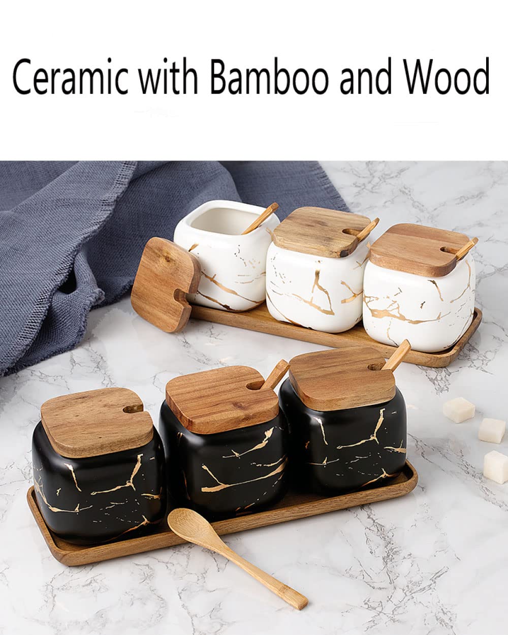 LPY Lot de 3 Pots à épices en céramique, Pot à épices de Cuisine en marbre Mat, Pot en céramique avec Couvercle, cuillère et Plateau, Parfait pour la Cuisine-White