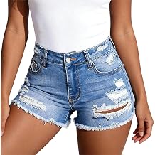 Women Ripped Summer Jean Shorts Casual Stretch Comfy Denim Shorts Raw Hem Jorts Sexy Short Jeans with Pocket