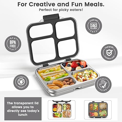 Miniatura 3 de Caja Bento de acero inoxidable para niños y adultos con recipiente de silicona, a prueba de fugas, 4 compartimentos, lonchera de metal, sello de