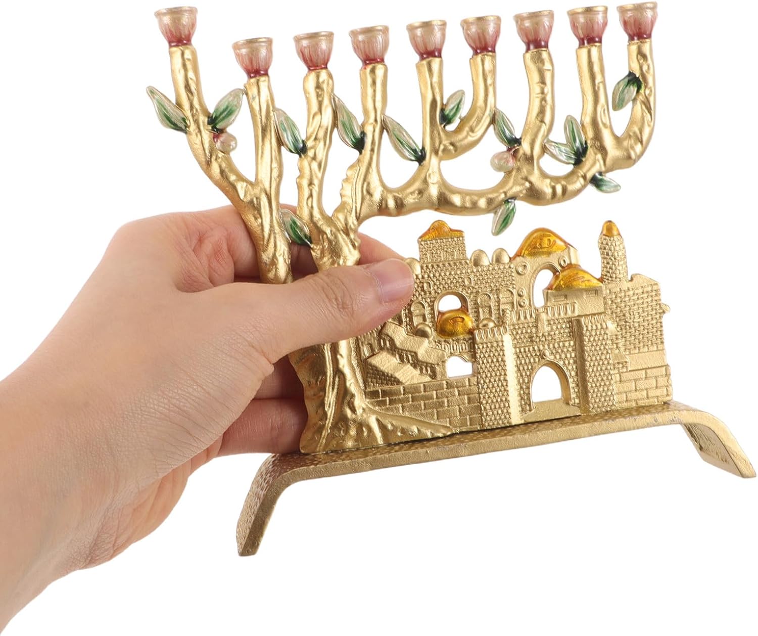 DECHOUS Jerusalem Judaica Candle Holder: 9 Branch Metal Menorah for Hanukkah - Jewish Holiday Decor - Elegant Religious Candelabra for Festive Gatherings