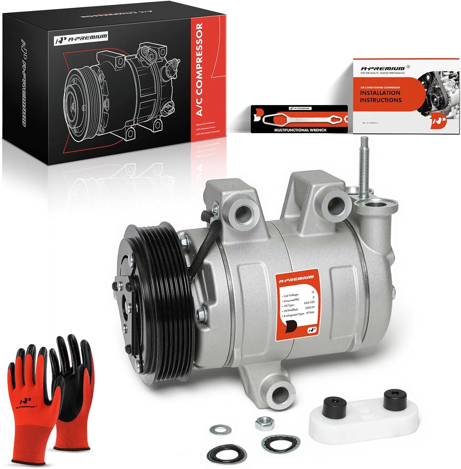 A-Premium Air Conditioner AC Compressor with Clutch Compatible with Chevrolet Equinox 3.4L 2006-2009, Pontiac Torrent 3.4L 2006-2009, DKS17D Style, 6 Grooves