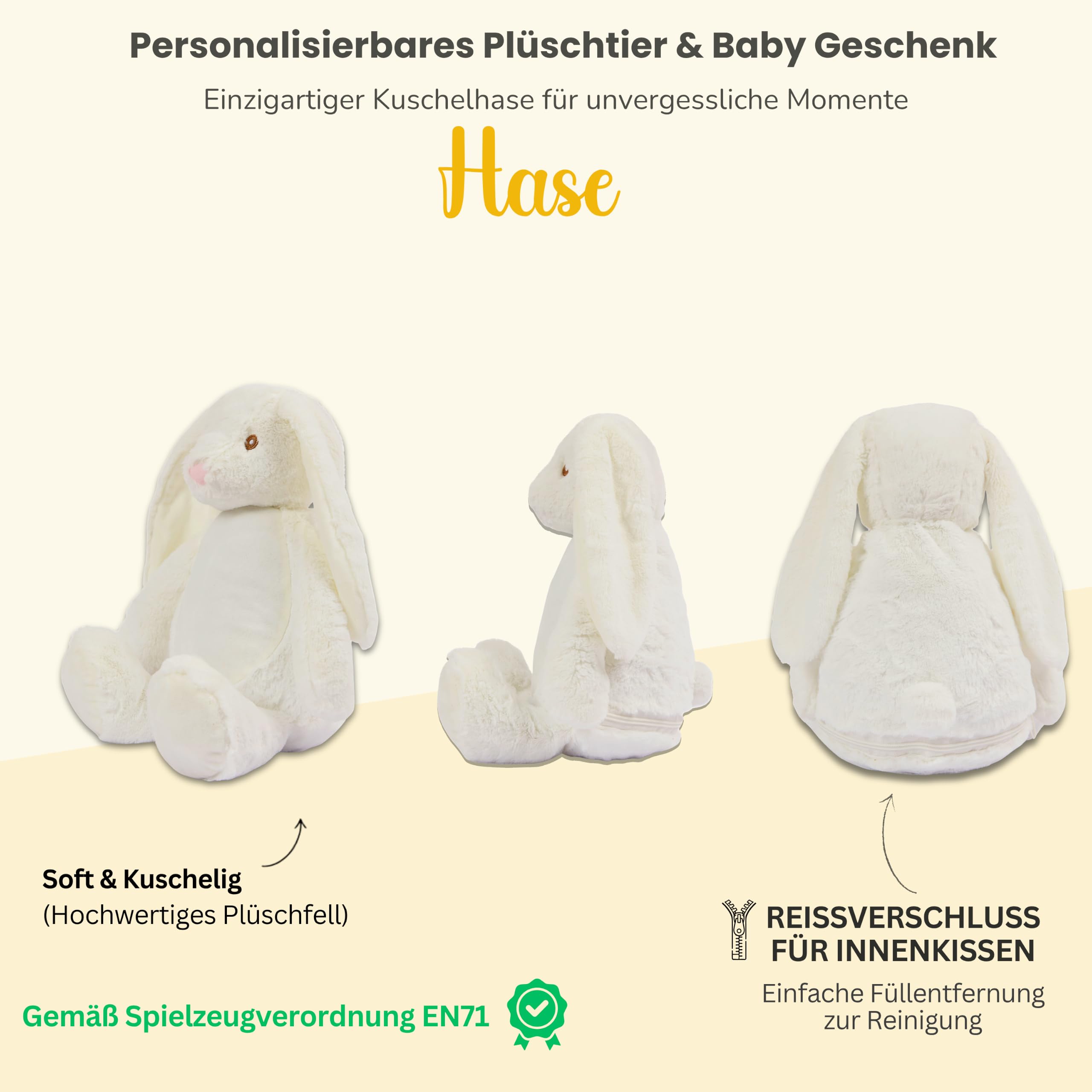 Personalisiertes Kuscheltier mit Namen & Wunschtext | Stofftier Hase Geschenk zu Geburt, Taufe, Prüfung & Geburtstag | Plüschtier für Babys & Erwachsene (42 cm, EN71) (Cream, Wunschtext)