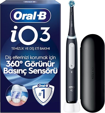 Oral-B iO3 Siyah Şarjlı/Elektrikli Diş Fırçası, 1 Fırça Başlığı, Uzun Ömürlü Pil, Seyahat Kabı