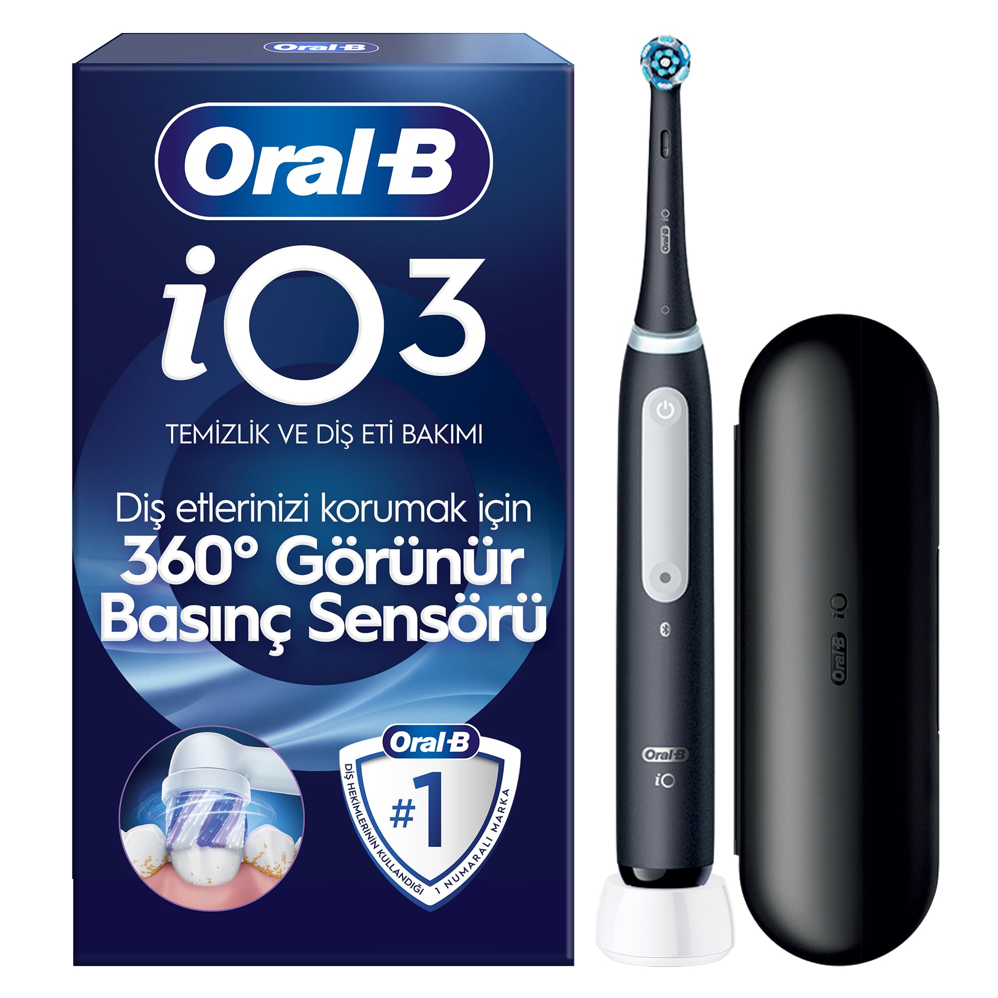 Oral-B iO3 Siyah Şarjlı/Elektrikli Diş Fırçası, 1 Fırça Başlığı, Uzun Ömürlü Pil, Seyahat Kabı