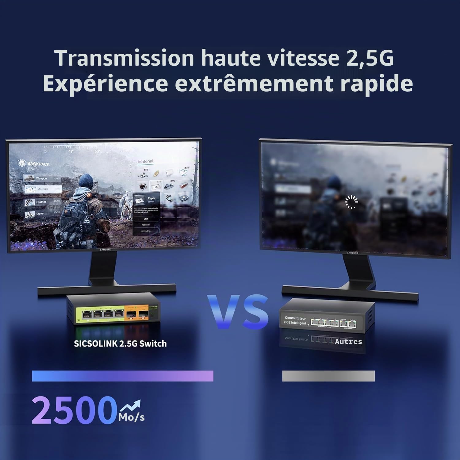Commutateur Réseau 6 Ports 2.5Gb, 4X RJ45 2.5G, 2X SFP+ 10G, Multigigabit, Non Géré, Boîtier en Métal, Bande passante 60G, sans Ventilateur, Compatible avec NAS 2.5gbe, PC, AP