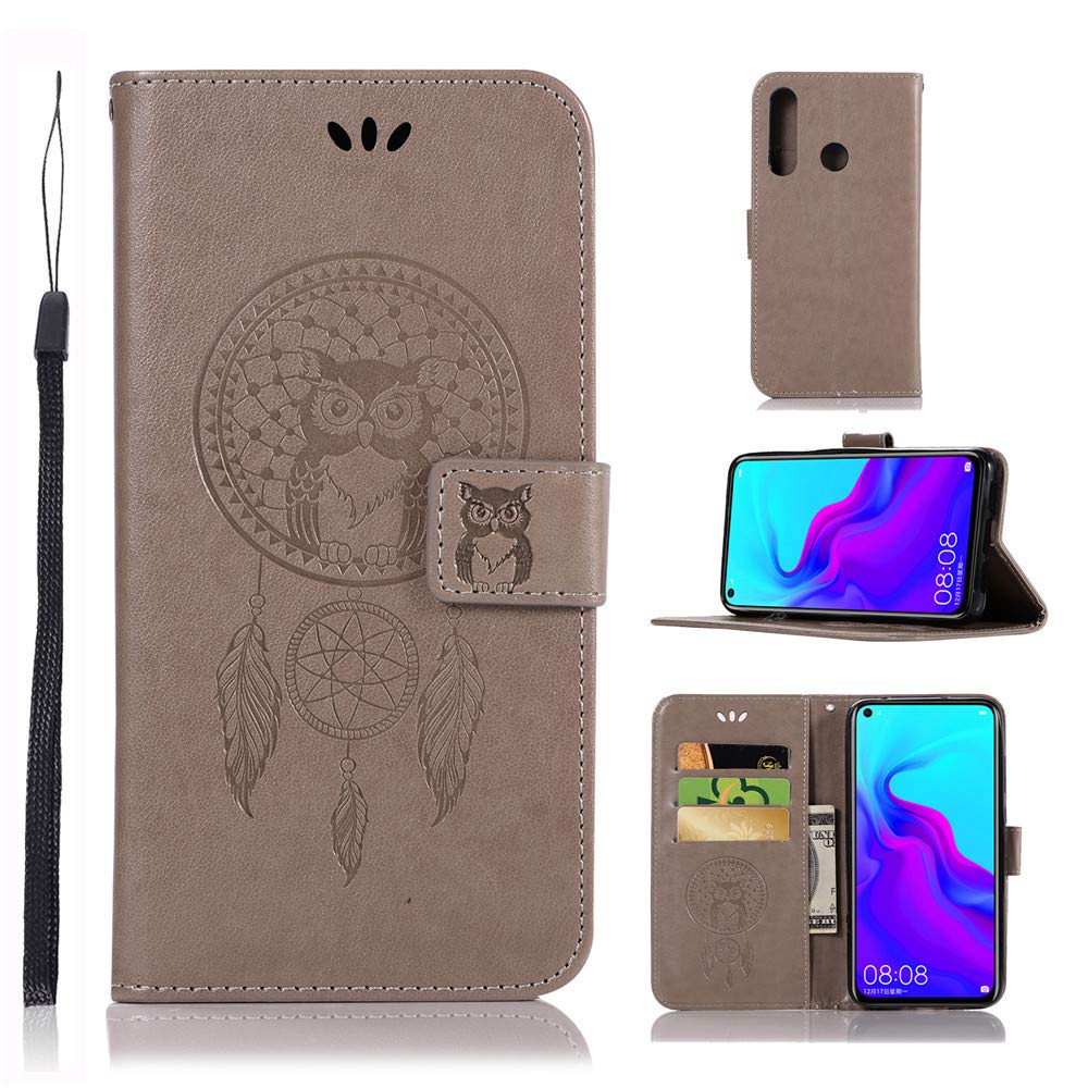 Abtory [for Huawei Honor Nova 4] Case, [Wind Bell Embossing] [Wallet Stand] Stylish Kickstand Credit Cards Slot Cash PU Leather Flip Wallet Case for Huawei Honor Nova 4 & Wrist Strap Grey