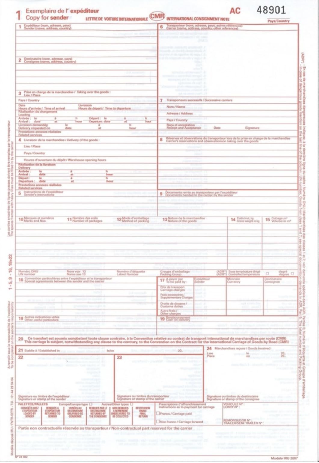 CMR Lettre de voiture internationale pour le transport routier, 25 exemplaires