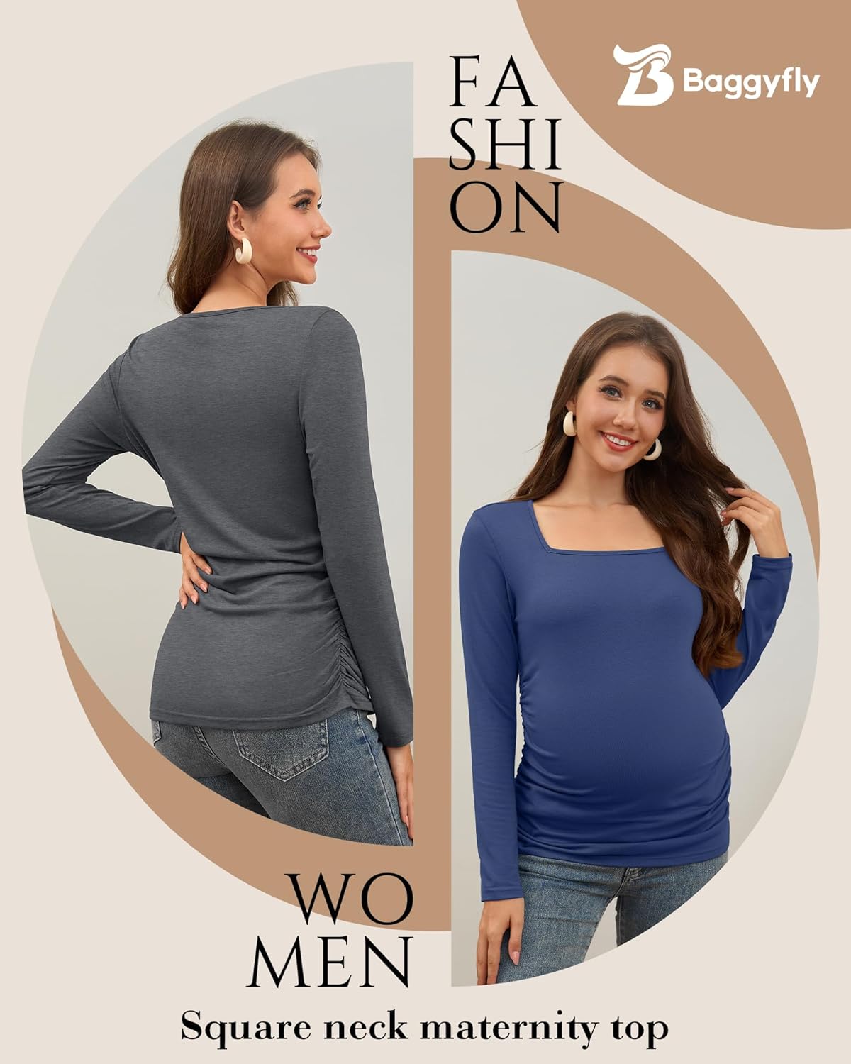 3 Pack Women's Maternity Shirts Long Sleeve Side Ruched Pregnancy Tops Square Neck Basic Tunic Knit Mama Clothes - Image 3