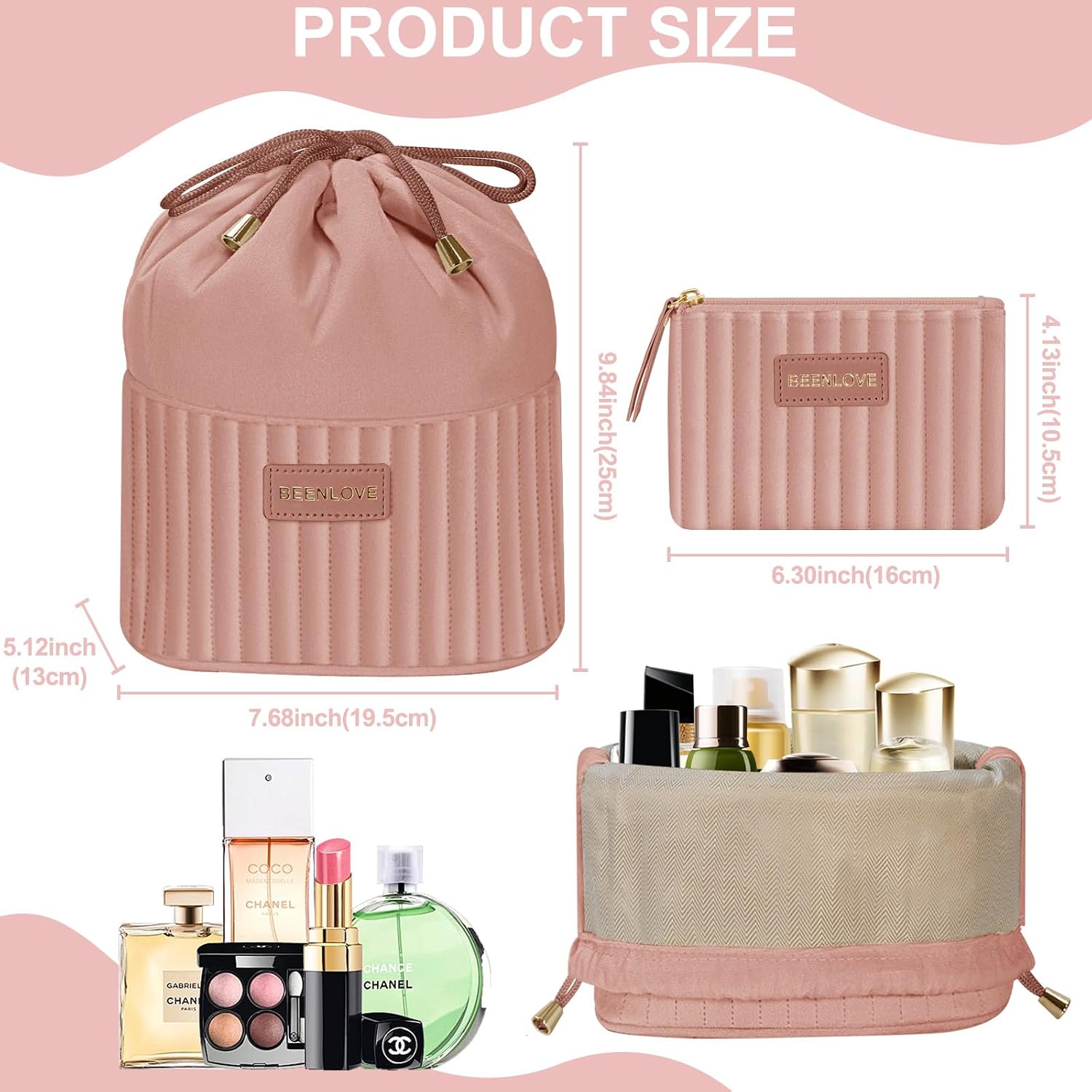 Travel Makeup Bag Set of 2 - Beautiful Velvet Toiletry Bag for Women, Expandable Cosmetic Bag with Compartments, Wide-open Drawstring Make Up Bag for Skincare, Brushes & Travel Essentials image 3