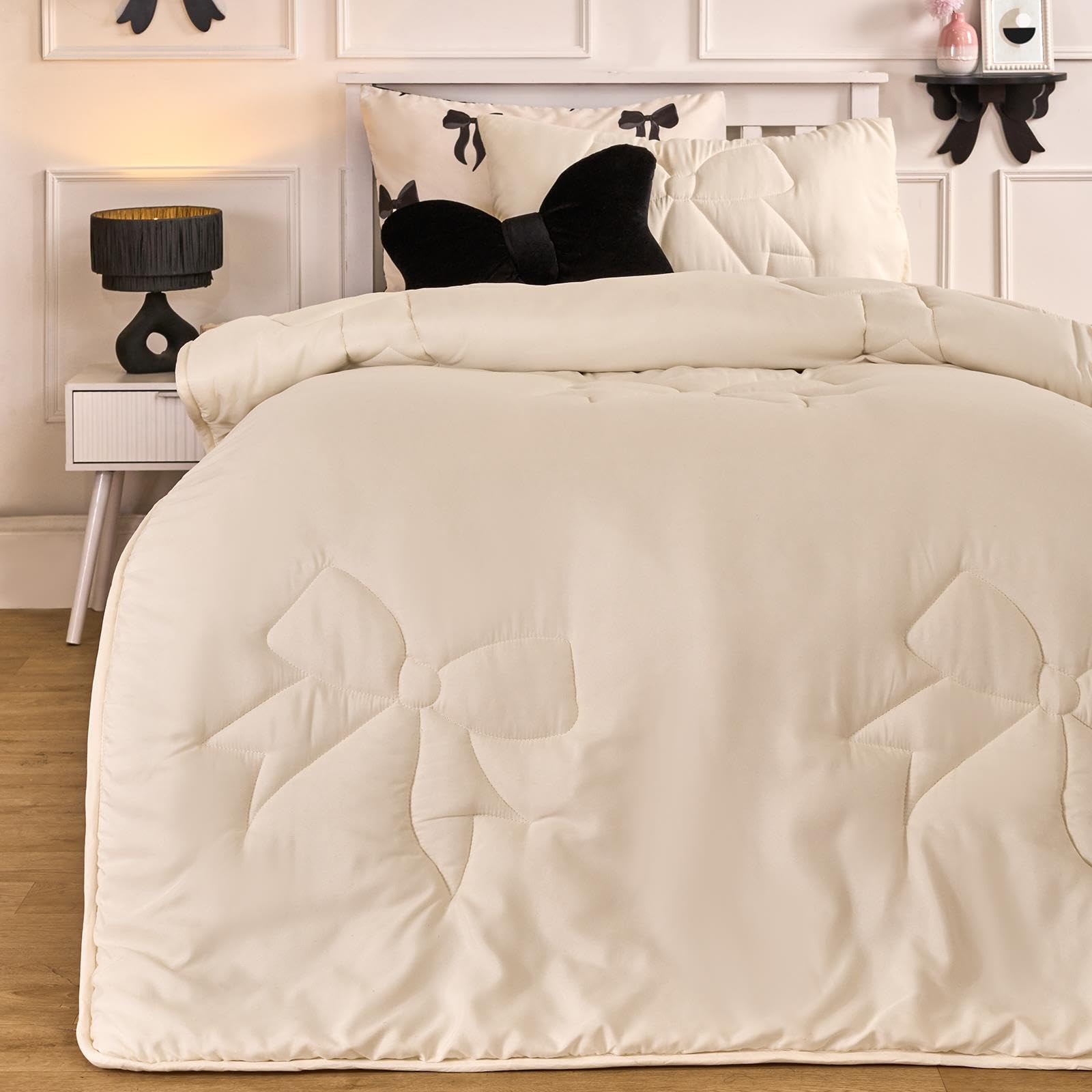 Ohs Women's Ivory - Bows Coverless Duvet Single, Gifts For 7.5 Tog Bow Bedding Soft Warm Microfibre Bow Quilted Coverless Duvet Summer Camping Quilt Comfy Washable Single Duvets With Pillowcase, Ivory