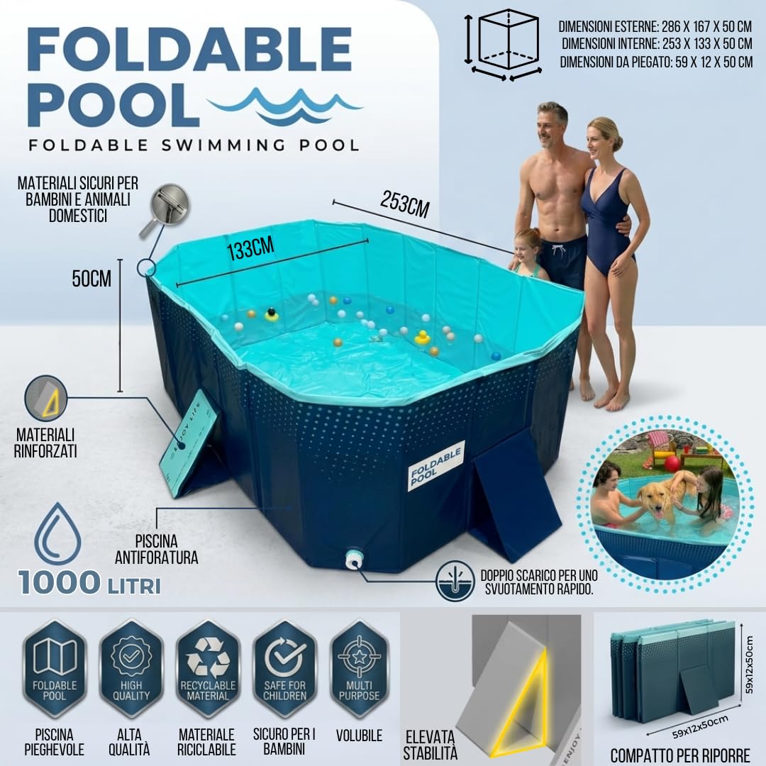 INDUSTEX Foldable Swimming Pool -1000L- PVC Garden Paddling Pool – Portable Rectangular Outdoor Pool 253x133x50cm – Easy Assembly, Durable & Space-Saving Summer Family Pool — view 3